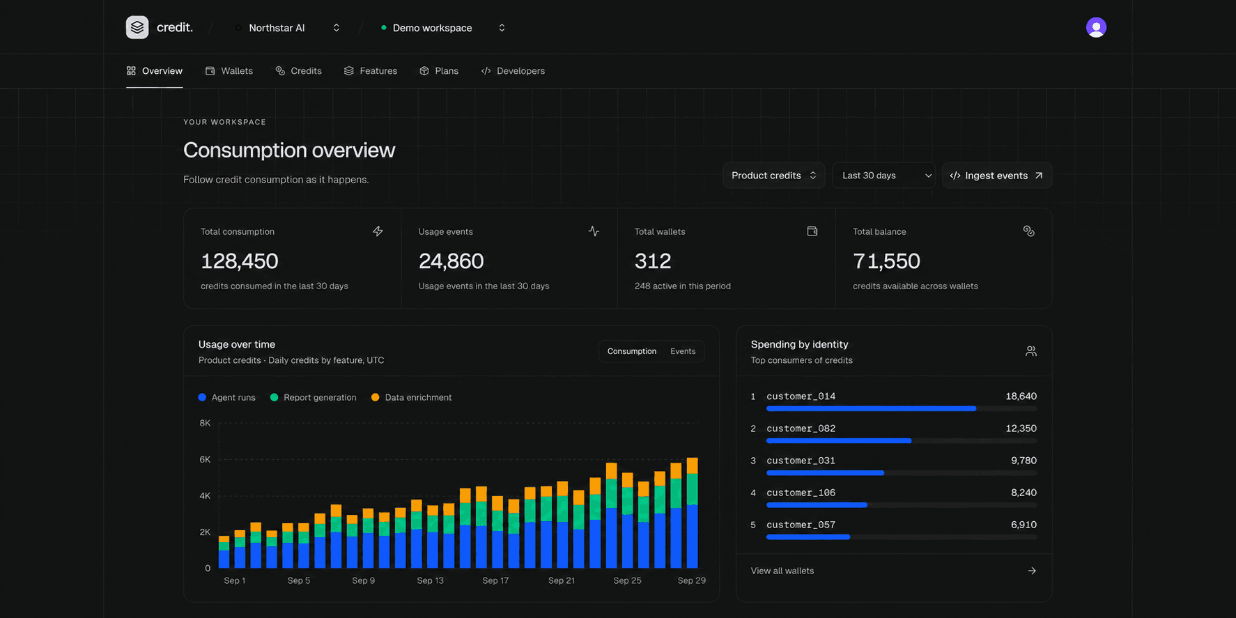 Credit dashboard showing wallet balances, consumption by feature, and spending by customer