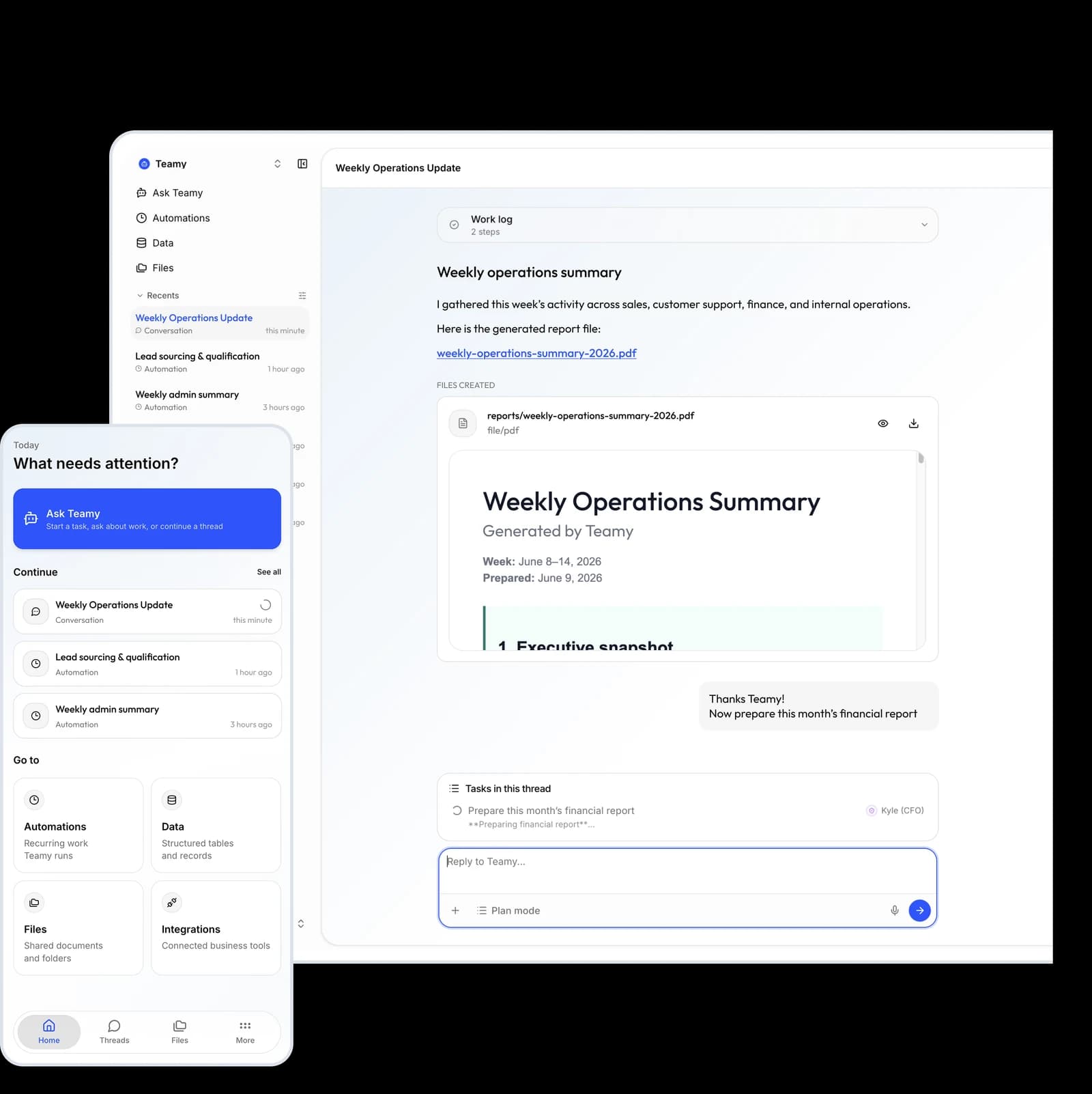 Teamy workspace showing an AI-generated weekly operations report